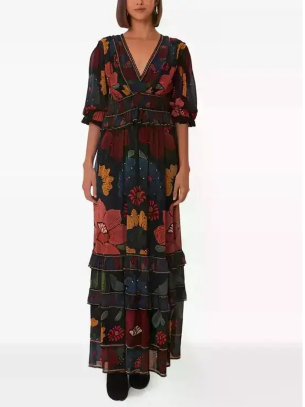 Farm Rio Floral V-Neck Tiered Maxi Dress in Black - Picture 2 of 11